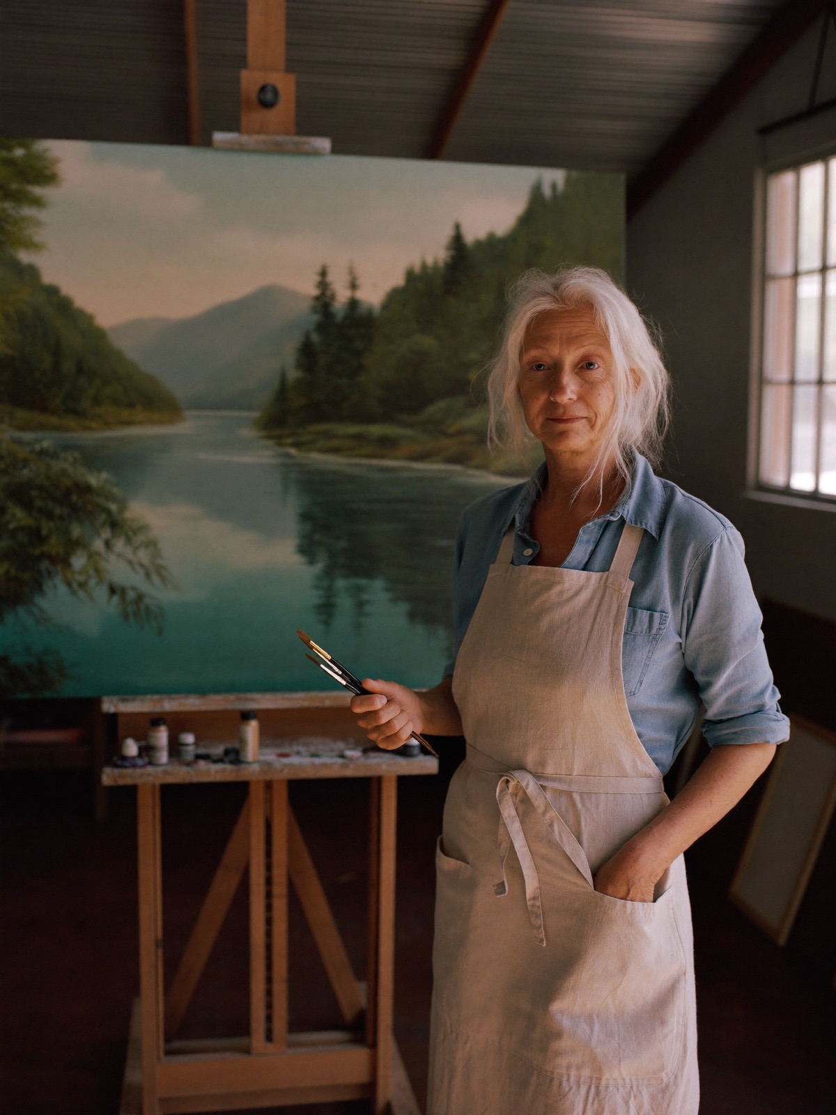 Maren Hollis in her barn studio, standing beside a large lake painting on an easel